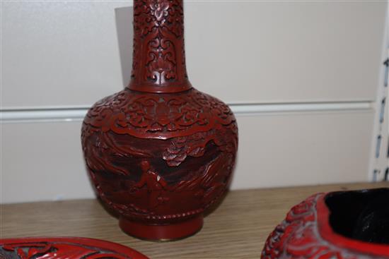 A Chinese cinnabar lacquer vase, a box and cover and a dish and other items Largest length 37cm